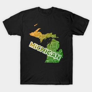 Colorful mandala art map of Michigan with text in green and orange T-Shirt